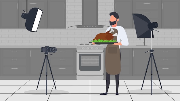 Een mannelijke kok in de keuken heeft een culinaire blog. De man in het keukenschort houdt gebakken kip vast. Vector.