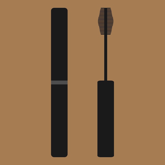 Een mascara tube en een toverstaf applicator cosmetische zwarte fles met wimperborstel geïsoleerd op witte achtergrond zwarte penseelstreek platte vectorillustratie