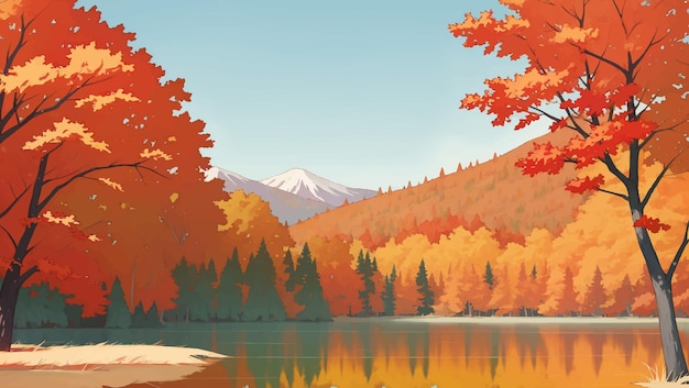Een meer omringd door bergen en herfstbomen met de hand getekende schilderij