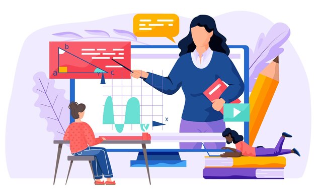 Een meisje communiceert en bereidt zich voor om te reageren tijdens een online meetkundeles op school op internet Leraar op het computerscherm legt nieuw onderwerp uit Een monitor met wiskundevideo Meetkunde leren