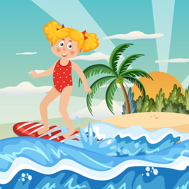 Een meisje dat bij de strandachtergrond surft