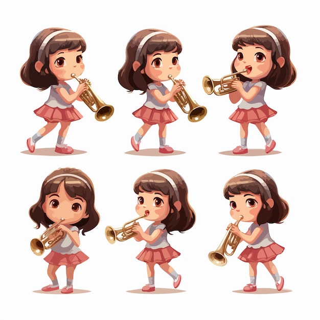 Een meisje dat trompet speelt in een illustratie
