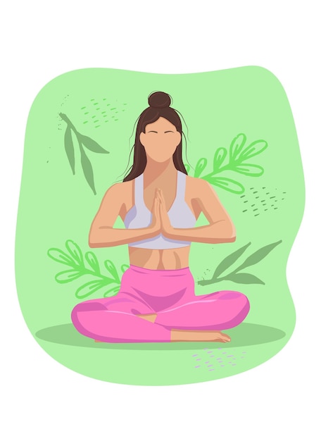 Een meisje doet yoga tegen een achtergrond van groen in een lotushouding