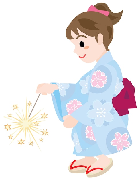 Een meisje gekleed in de yukata die speelgoedvuurwerk doet