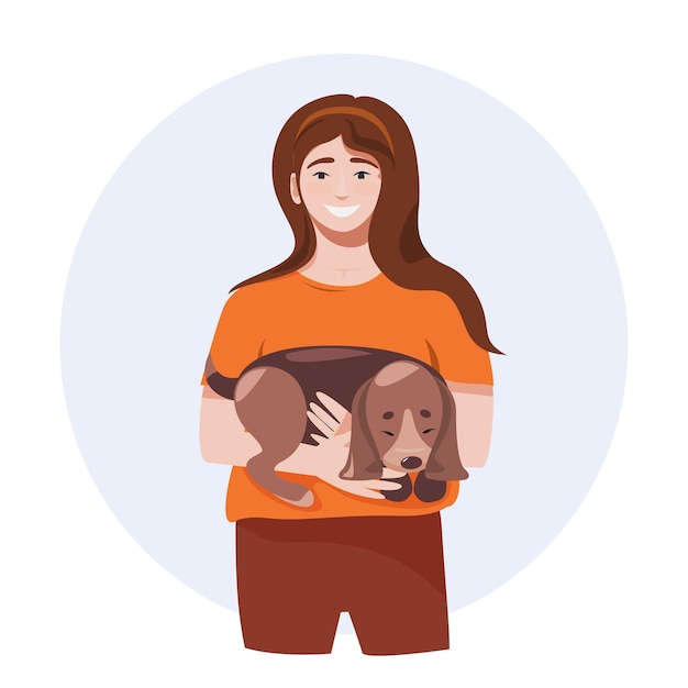 Een meisje in een oranje T-shirt houdt een puppy in haar armen Vectorbeelden