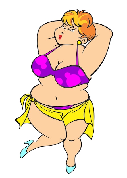 Vector een meisje in een paarse bikini en gele rok kijkt naar de camera.