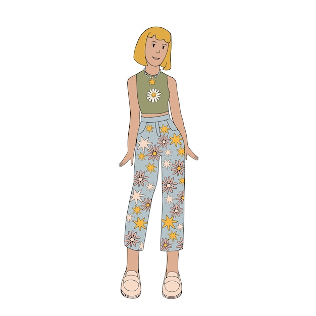 Vector een meisje in een spijkerbroek met bloemen en een groene blouse met kamille het meisje heeft oranje haar hippie groovy girl