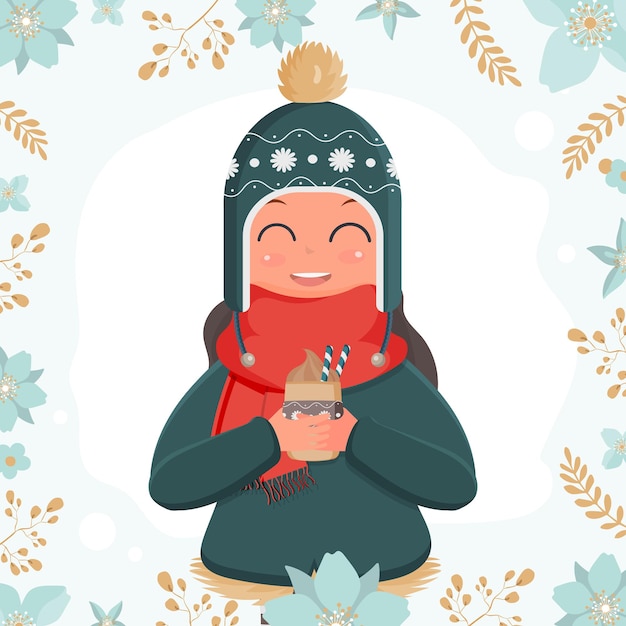 Een meisje in warme winterkleren houdt een kopje met een warme drank in haar handen. klaar kaart met bloemen. vector illustratie.