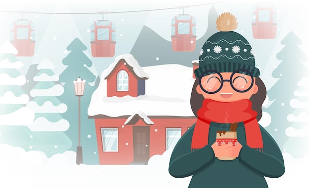 Een meisje in winterkleren houdt een warme drank vast. Huis in een besneeuwd bos. Kerstbomen, bergen, sneeuw, kabelbaan of kabelbaan. Banner met ruimte voor tekst. Vector illustratie.