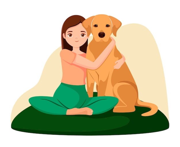 Een meisje knuffelt een hond Cartoon design Liefde voor dieren
