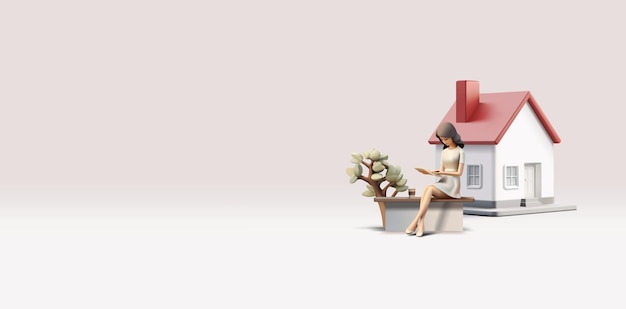 Een meisje leest een boek op een bankje bij het huis 3D Moderne schattige banner voor ontwerpconcepten
