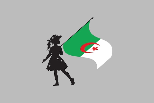 Een meisje met de Algerijnse vlag de vlag van Algerije de originele en eenvoudige Algerijse vlag