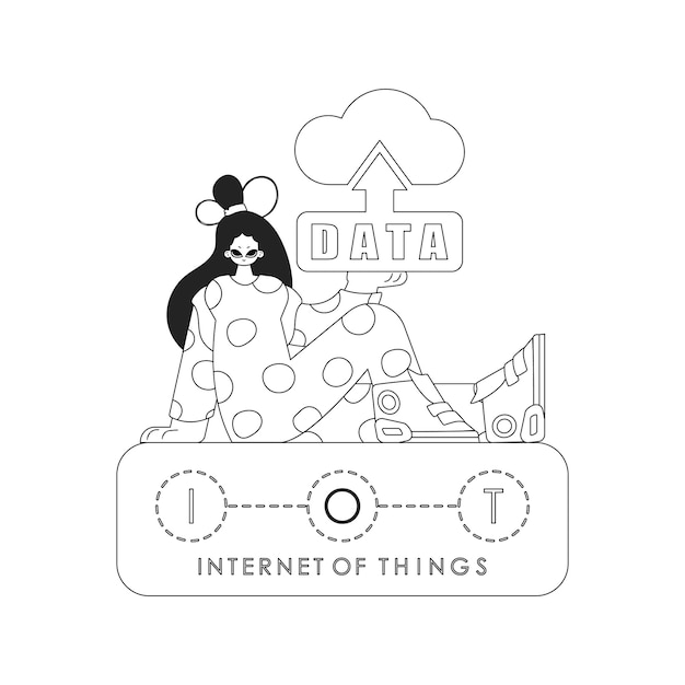 Een meisje met een lineair vectorlogo van cloudopslag voor het internet der dingen