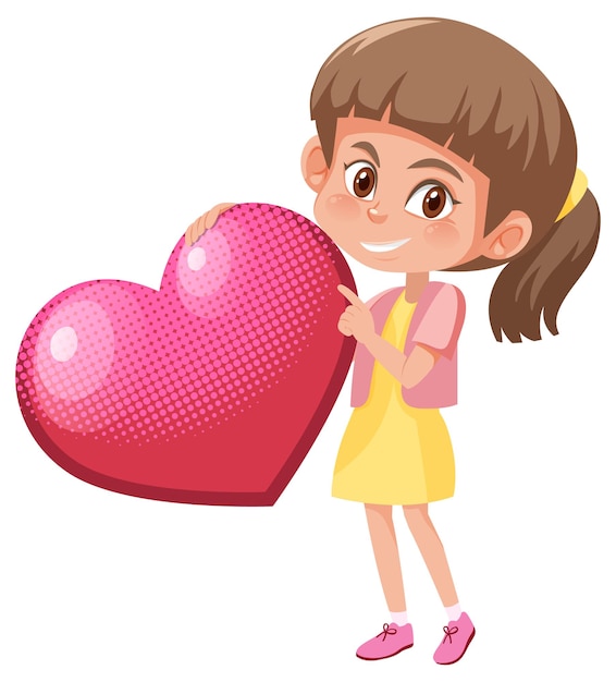 Een meisje met een roze hart in cartoonstijl