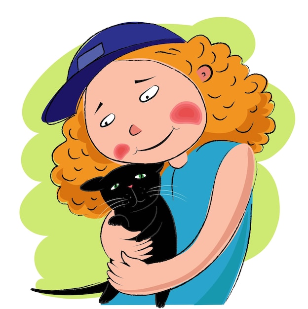 Een meisje met een zwarte kat in haar armen Illustratie Vector