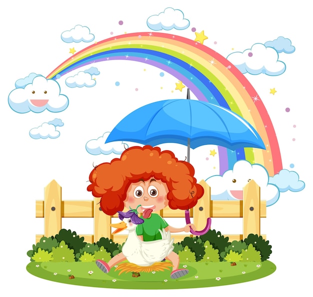 Een meisje met haar eend op regenboog in de lucht