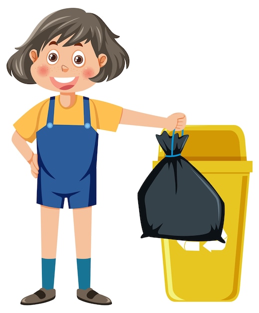Een meisje met vuilniszak met gele bak