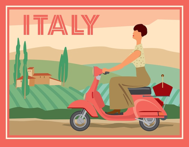 Een meisje op een scooter rijdt tegen de achtergrond van een landelijk italiaans landschap retro kaart