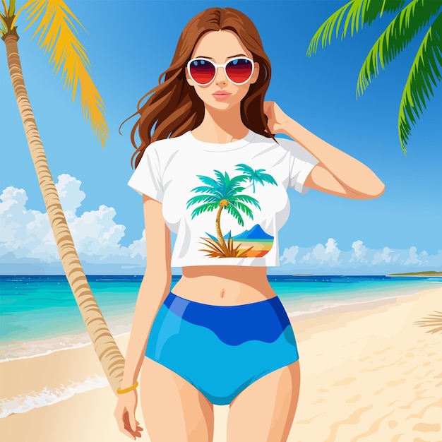 Een meisje op een strand met een palmboom op haar shirt