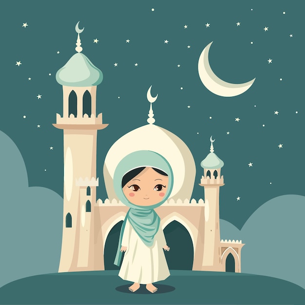 een meisje voor een moskee met een maan op de achtergrond