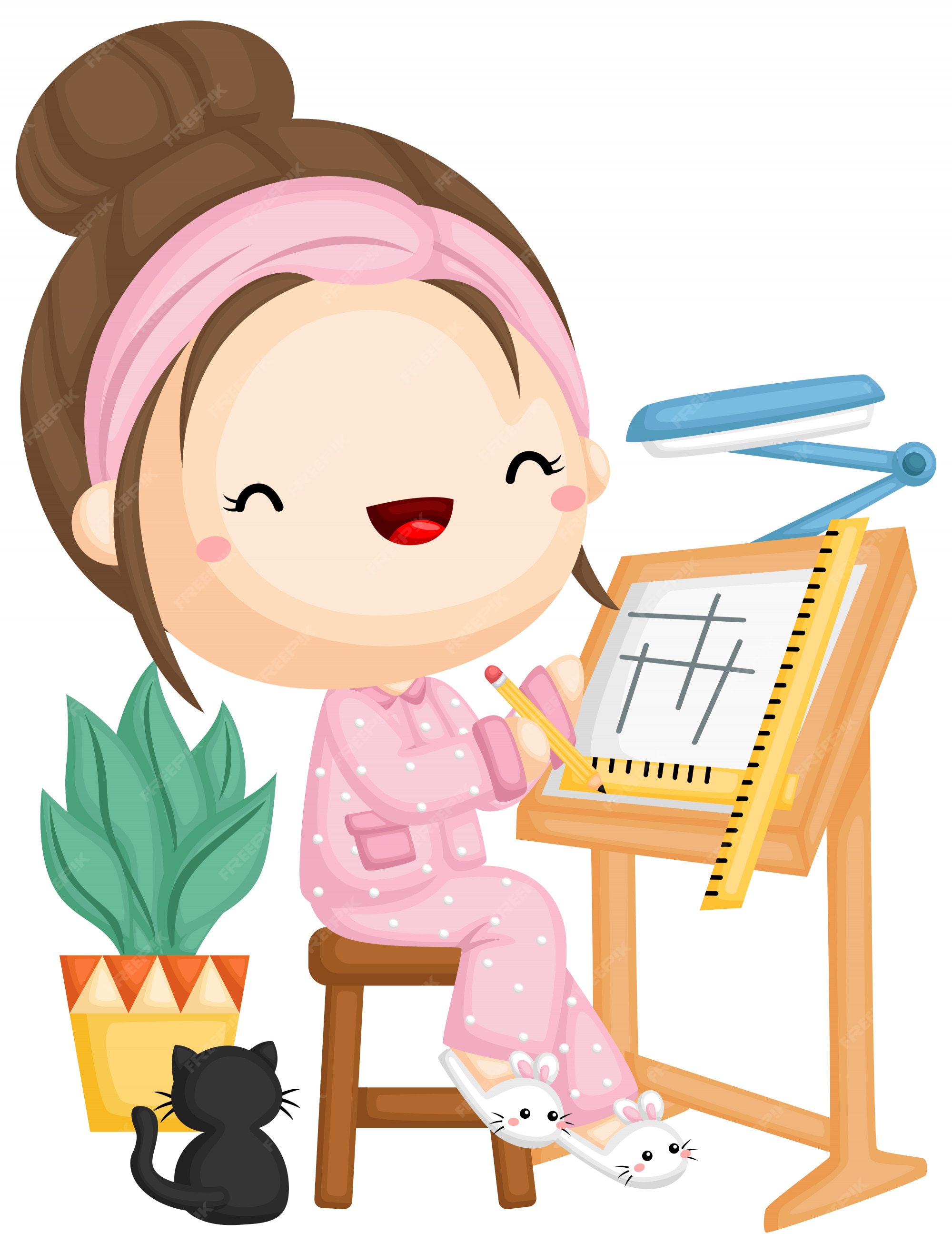 Mew Mew Verliefd Krankzinnigheid Een meisje werkt met haar pyjama aan een nieuw ontwerp | Premium Vector