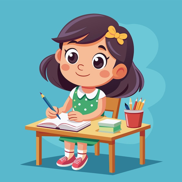 een meisje zit aan een bureau en schrijft met een potlood