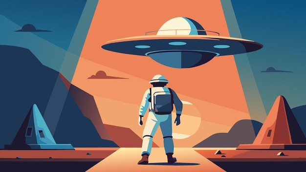 Vector een mens in een astronautenpak stapt voorzichtig uit een ufo met een grote rugzak vol