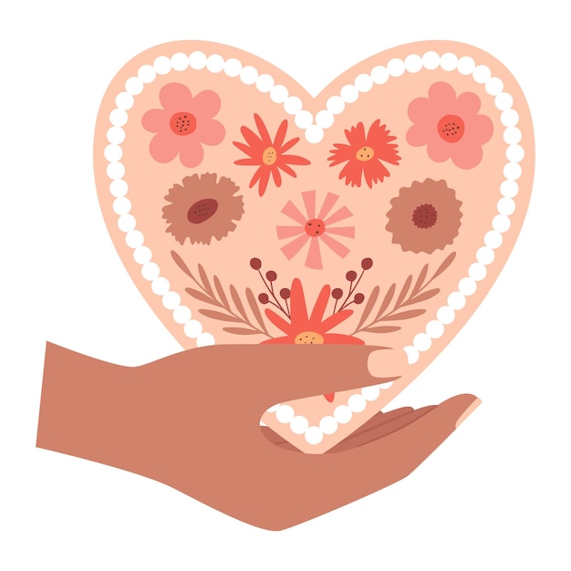 Een menselijke hand houdt een valentijnskaart vast in de vorm van een hart met een bloemmotief een symbool van liefde romantiek dankbaarheid boho valentine's daycolor vector illustratie geïsoleerd op een witte achtergrond