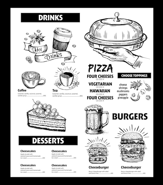 Een menu voor een restaurant genaamd pizza, pizza en kaas.