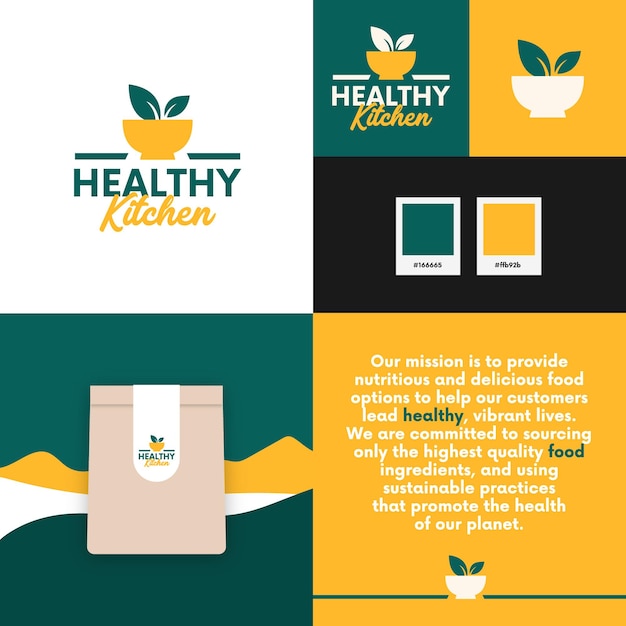 Een merkidentiteitssjabloon voor een gezonde keuken in oranje en groen met logo-ontwerp
