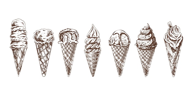 Een met de hand getekende gekleurde schets van een wafelkegel met ijs of bevroren yoghurt