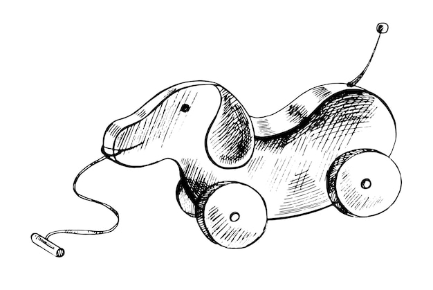 Een met de hand getekende inktschets van een vintage houten speelgoedhond op wielen in vectorillustratie