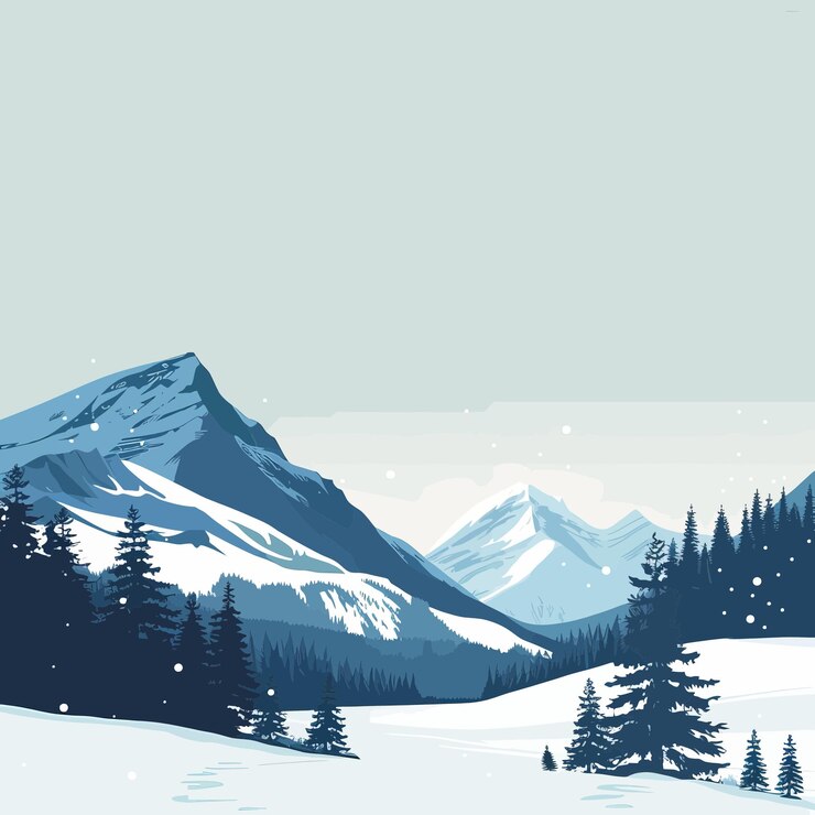 Vector een met sneeuw bedekte bergketen met een paar bomen op de voorgrond