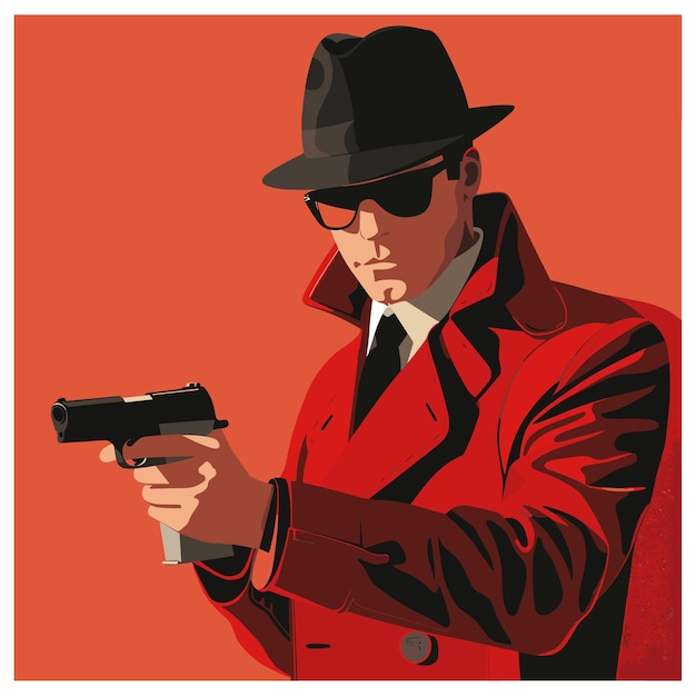 Een misdadiger in een rode jas met een pistool.