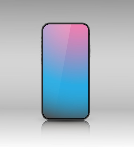 Een mockup van een smartphone met een rozeblauw gradiëntscherm Realistische 3D mobiele telefoon met schaduw op grijze achtergrond