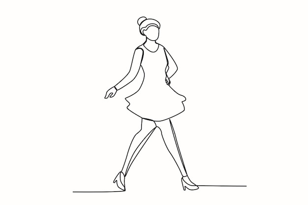 Een model loopt terwijl ze poseert op het podium Eenlijnstekening van een modeshow