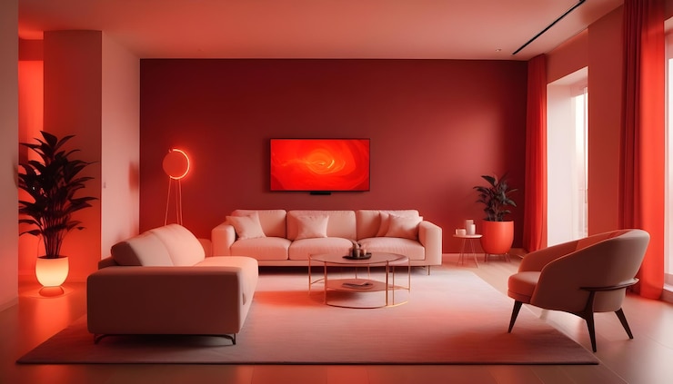 Vector een modern woonkamerinterieur met een witte bank een witte fauteuil en rode accentverlichting creëert een slanke en stijlvolle sfeer