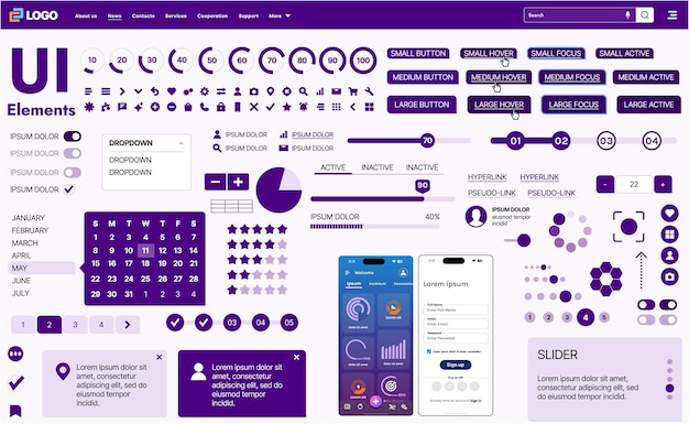 Een moderne UI-kit met een verzameling knoppen, iconen, navigatiemenu's en responsief ontwerp