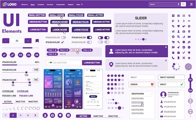 Een moderne UI-kit met een verzameling knoppen, iconen, navigatiemenu's en responsieve