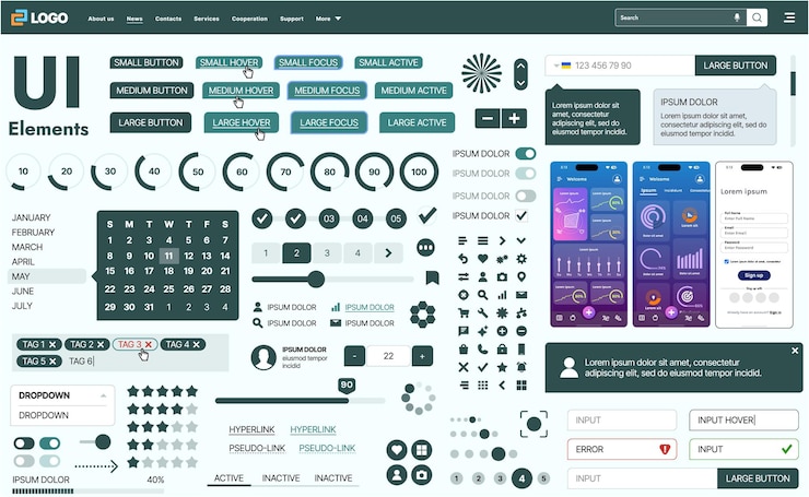 Vector een moderne ui-kit met een verzameling knoppen, iconen, navigatiemenu's en responsieve