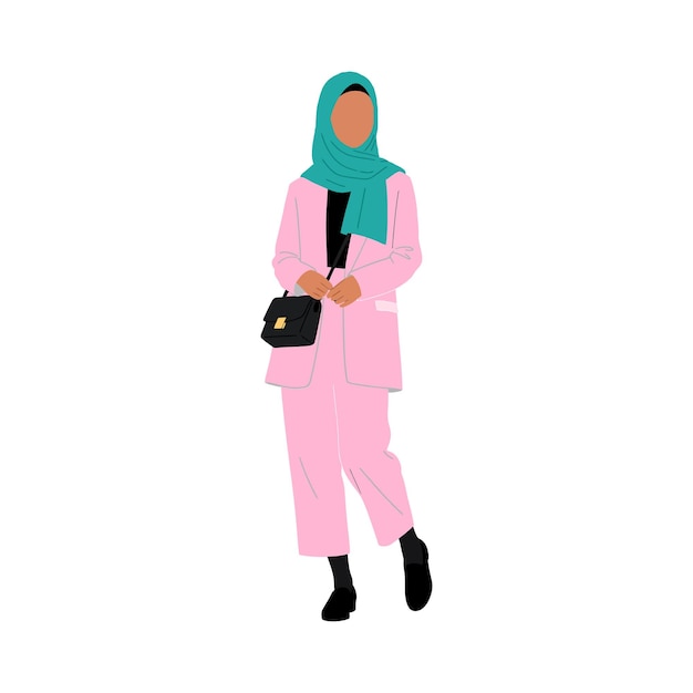 Een modieuze vrouw gekleed in een roze pak en blauwe hijab die zelfverzekerd loopt met een zwarte handtas in een minimale en moderne vectorillustratie