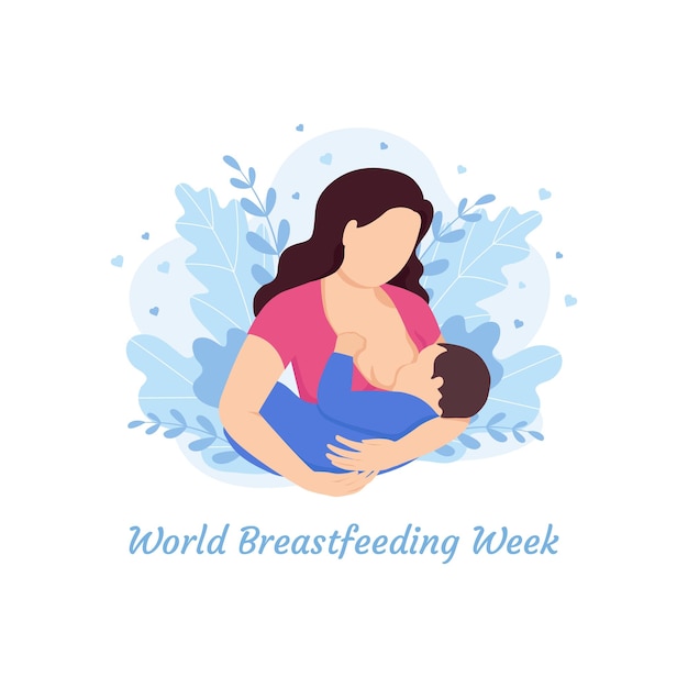 Een moeder geeft borstvoeding aan een baby op een achtergrond met bladeren World Breastfeeding Week