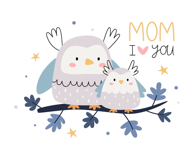 Vector een moeder uil en haar baby uil zitten op een tak een foto voor moedersdag moeder ik hou van je
