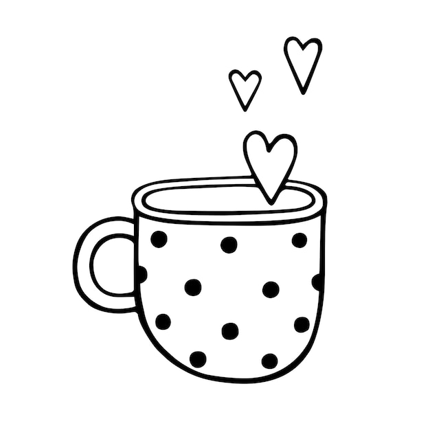 Een mok thee met een polka dot patroon en harten Een kopje koffie stoom met een hart Handgetekende vectorillustratie in doodle stijl geïsoleerd Een liefdesverklaring Sticker kaart Valentijnsdag