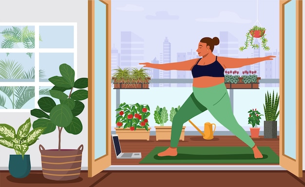 Een mollige vrouw die online yoga doet op het balkon van een appartement, versierd met groene planten Vectorillustratie