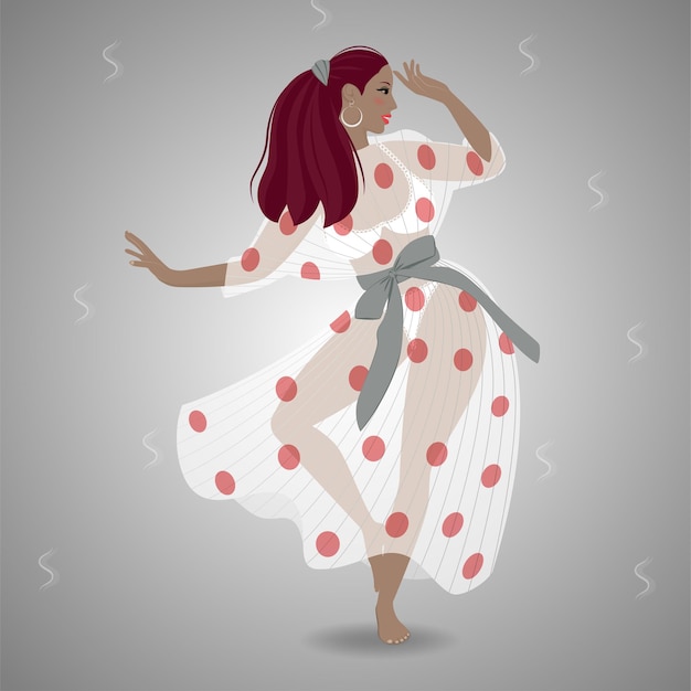 Een mooi meisje in een jurk met stippen danst Retro-stijl Vectorillustratie