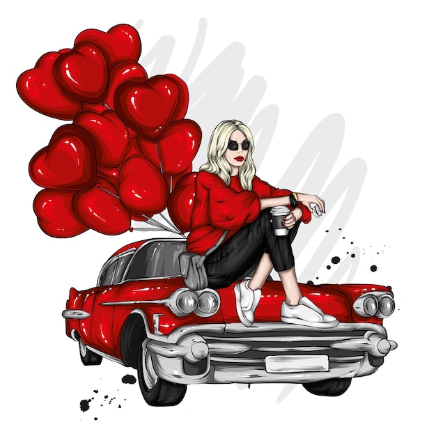 Een mooi meisje in stijlvolle kleding een retro auto en hartvormige ballonnen Valentijnsdag