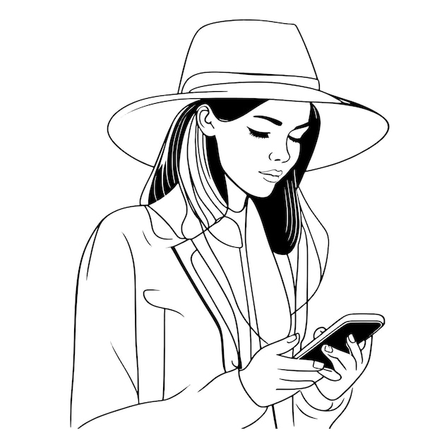 Vector een mooi meisje met donker lang haar in een hoed kijkt naar een smartphone line art illustratie