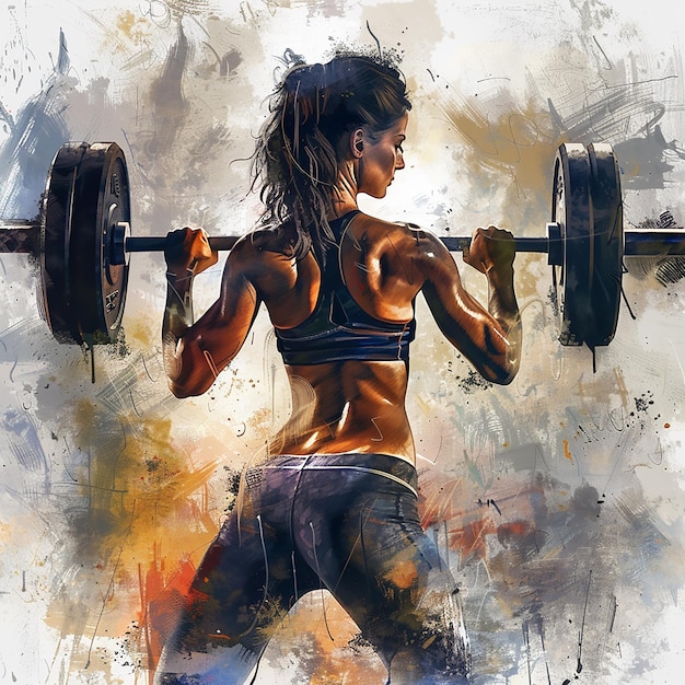 Een mooie fitnessvrouw die lichaamssculpturen doet in barbell illustratie stijl