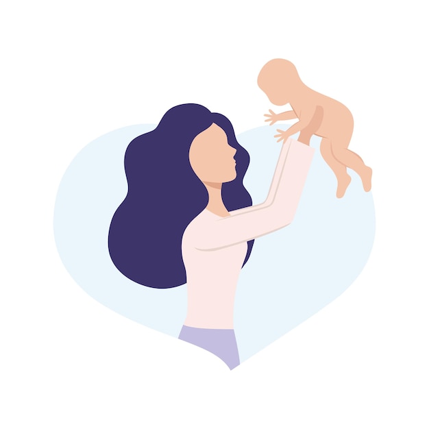 Een mooie jonge moeder houdt een pasgeboren baby in haar armen. Een klein kind in de armen van de moeder. Zwangerschap, familie en moederschap. Platte vectorillustratie. Ansichtkaart van een kinderwinkel.